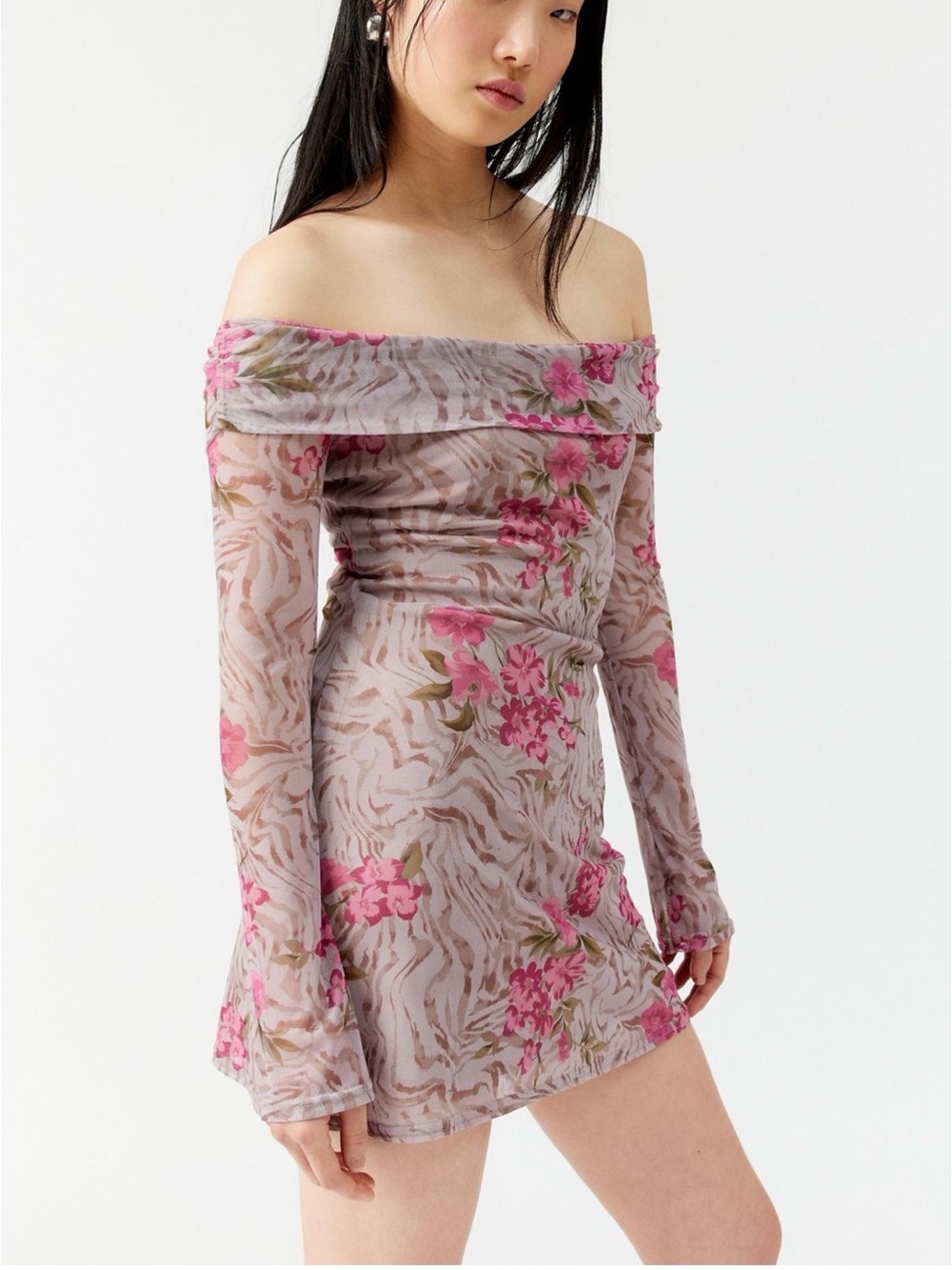 Isla Long Sleeve Off-Shoulder Pink Floral Mini Dress